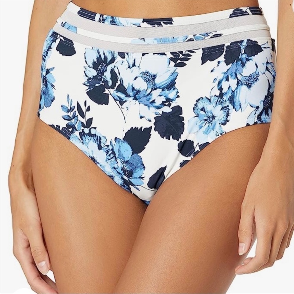 TOMMY HILFIGER Floral Mesh High-Rise Bikini Bottom Blue/White XS NWT